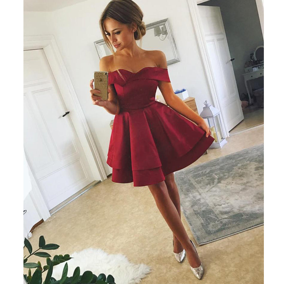 Wine Red  Short Homecoming Dresses  A Line Off the Shoulder 