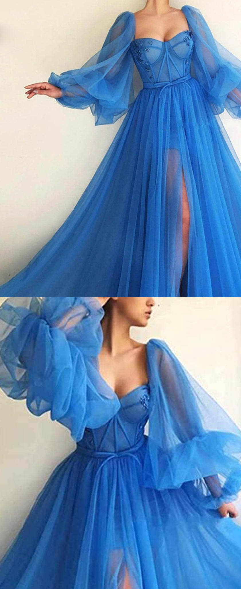 Princess Long Blue Puffy Sleeve Prom Party Dresses with Slit PL10427 ...