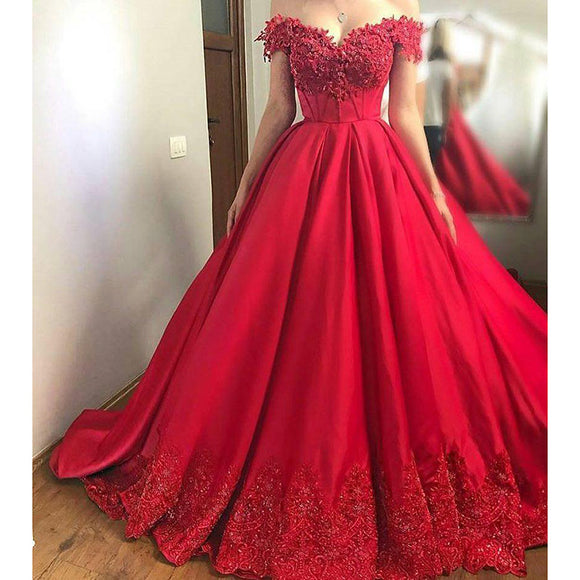 red off the shoulder ball gown