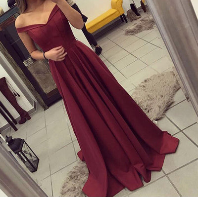 off the shoulder maroon prom dress