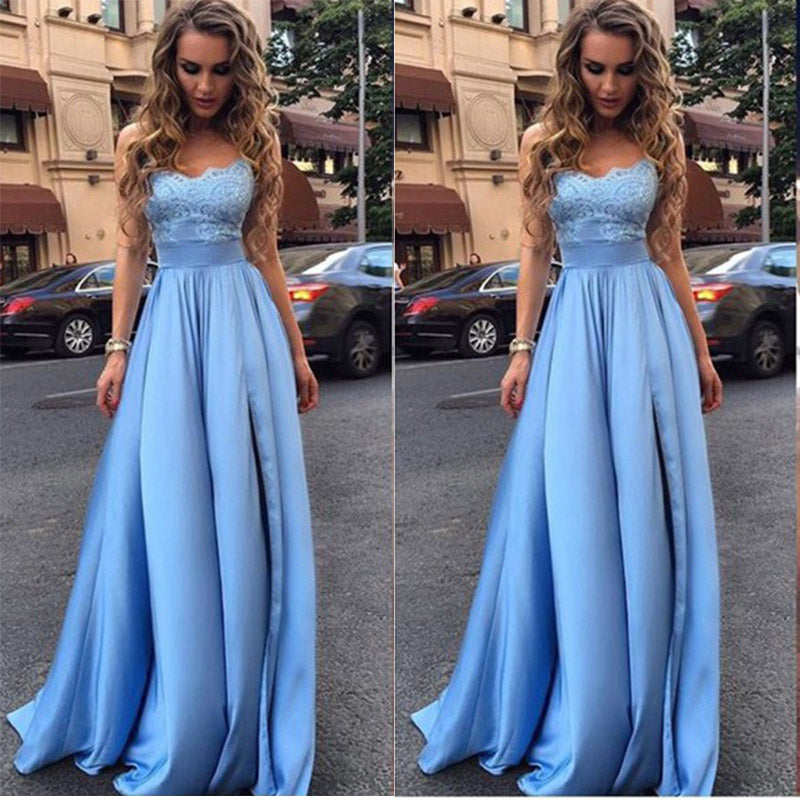 Sky Blue Sweetheart Long Prom Dresses,Satin Formal Gowns