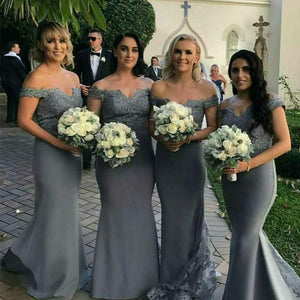 off the shoulder grey bridesmaid dresses