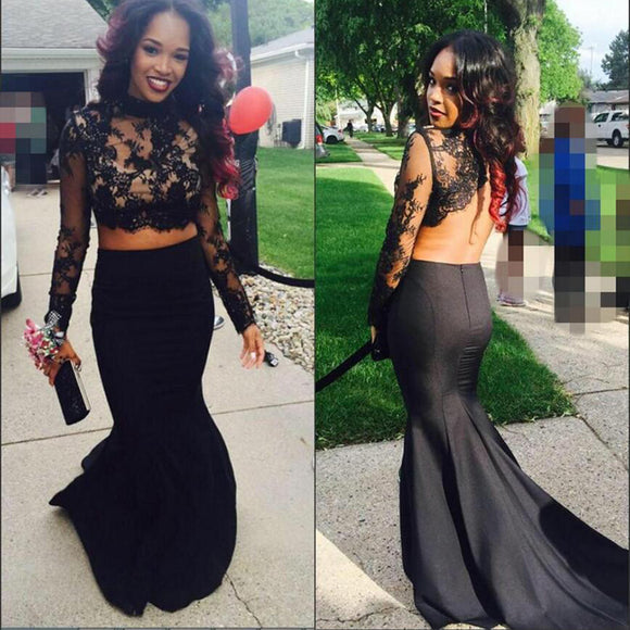 two piece black lace prom dress