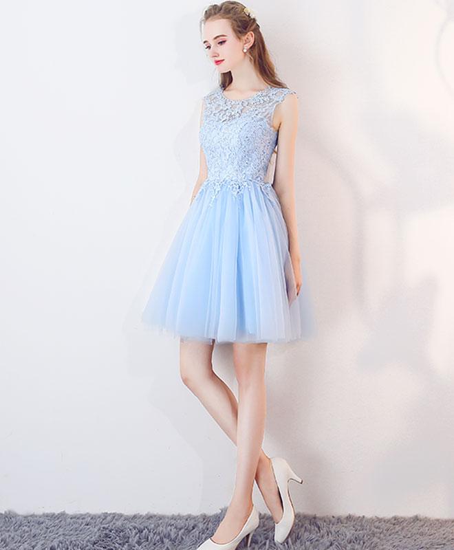 Scoop Neck Light  Blue  Short Prom  Dresses  Lace Girls Junior  