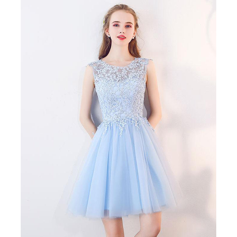 Scoop Neck Light Blue Short Prom  Dresses  Lace Girls Junior  