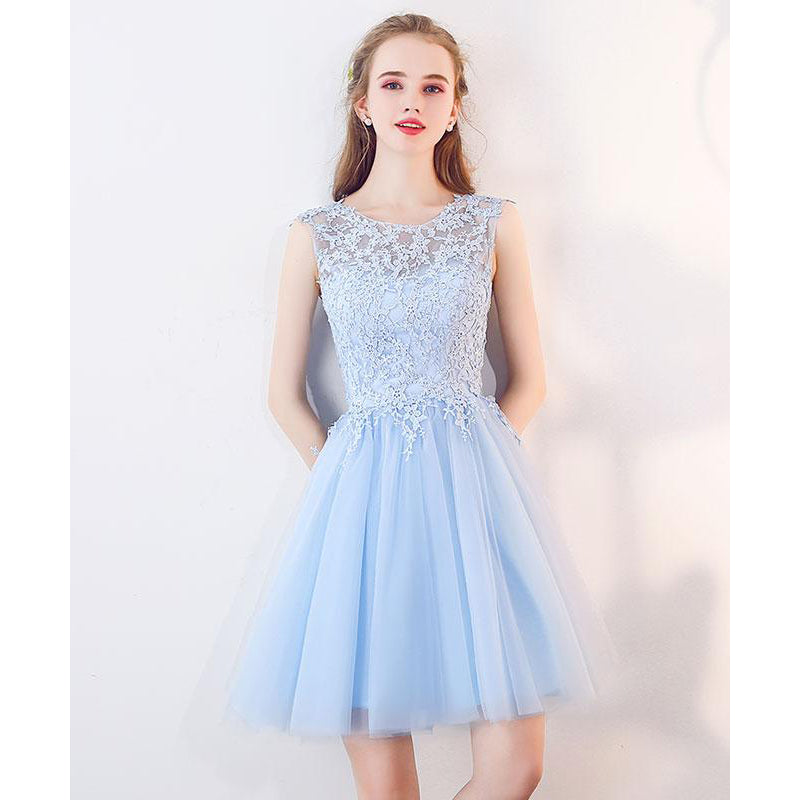 Scoop Neck Light Blue  Short Prom  Dresses  Lace Girls Junior 