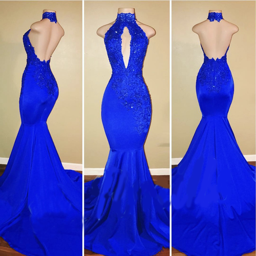 Mermaid High Neck Royal Blue African Prom Dress Gold Applique Evening –  SELINADRESS