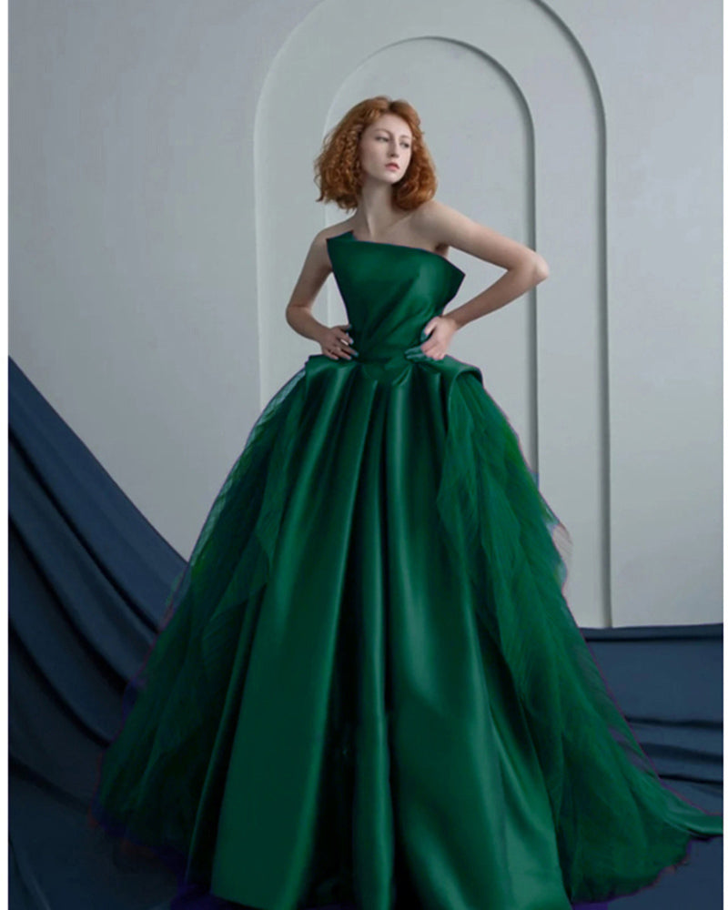 Ball Gown Satin and Tulle Dark Green Strapless Prom Formal Dresses Ves ...