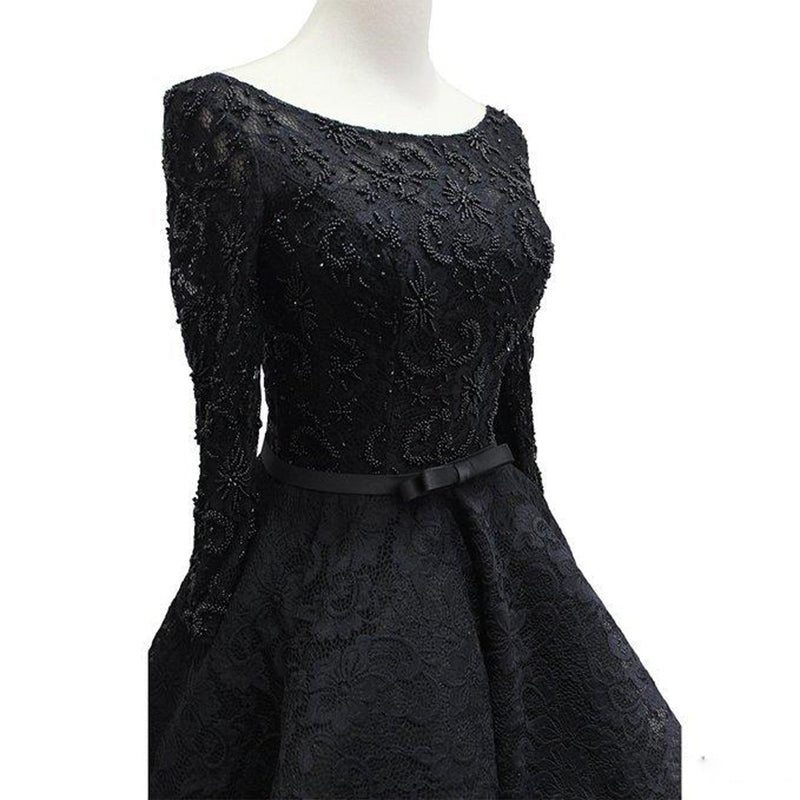 High Low Black Evening Dresses,Long Sleeves lace beaded Formal Gowns ...