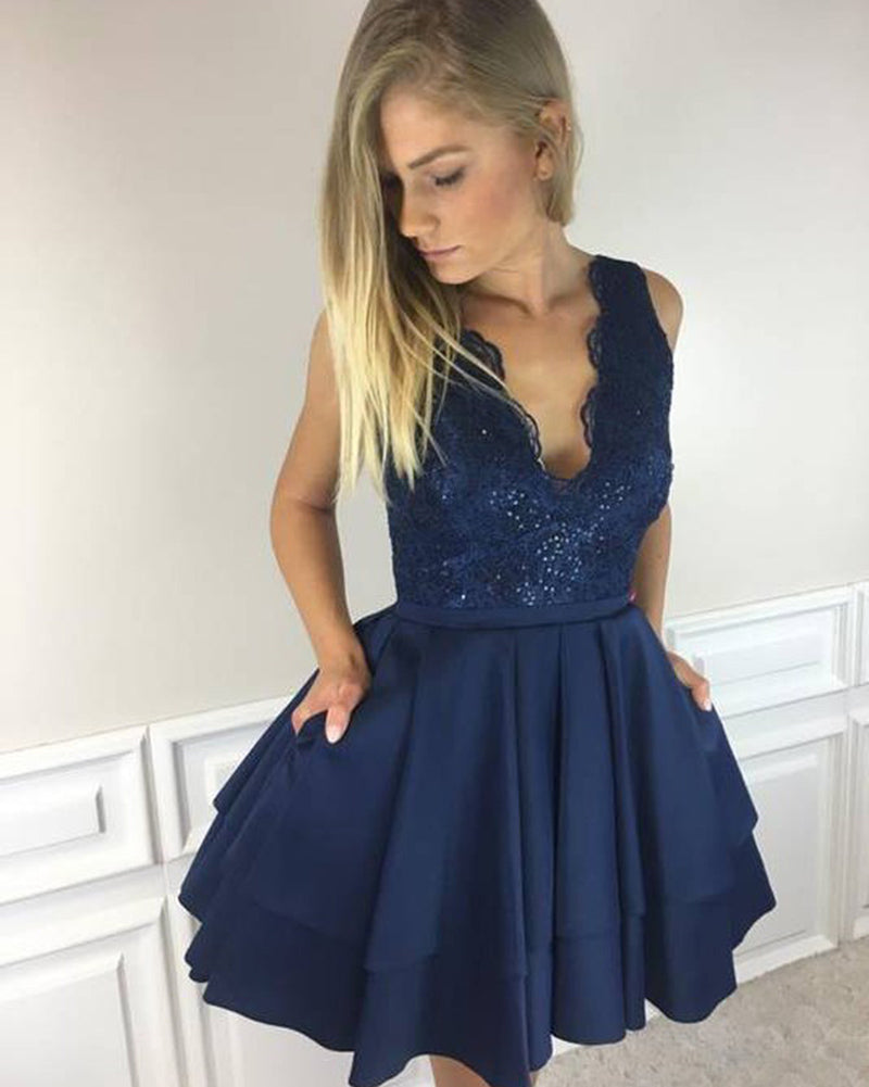 Lace V neck Navy Blue Girls Short Cocktail Homecoming Dress Junior Gra ...