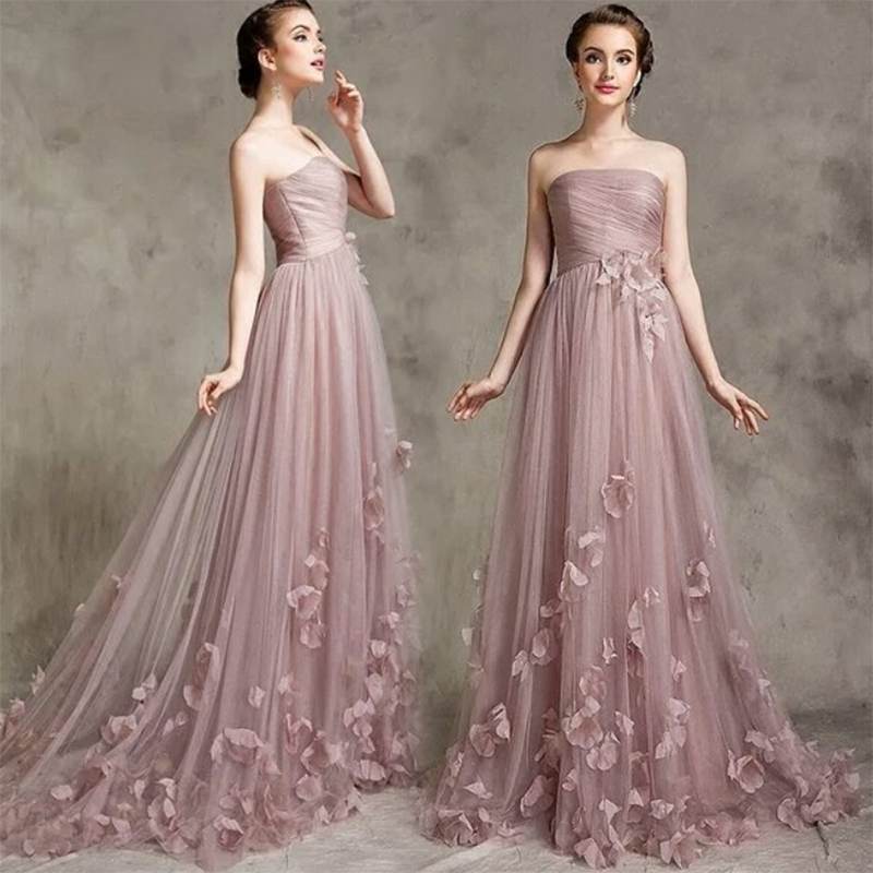 Pale Mauve Strapless Bridesmaid Dress With Handmade Flowers Long Women Siaoryne 9942