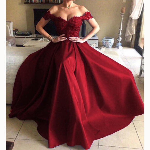 New A Line Satin Lace Red Long Dress Women Formal Evening Gown robe de ...