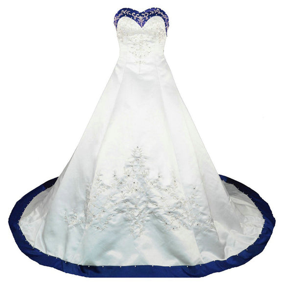 Sweetheart Royal Blue and White Wedding Dress A Line Satin Embroidery ...