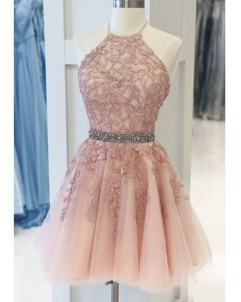 Halter Lace Blush Pink Homecoming Dress,Beading Semi Formal Cocktail D ...
