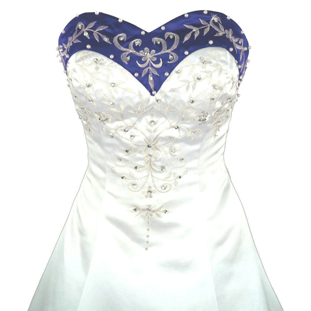 Sweetheart Royal Blue and White Wedding Dress A Line Satin Embroidery