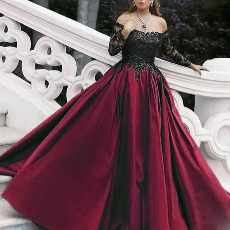 Stunning Burgundy Women Formal Evening Gown Off the Shoulder Long Slee ...