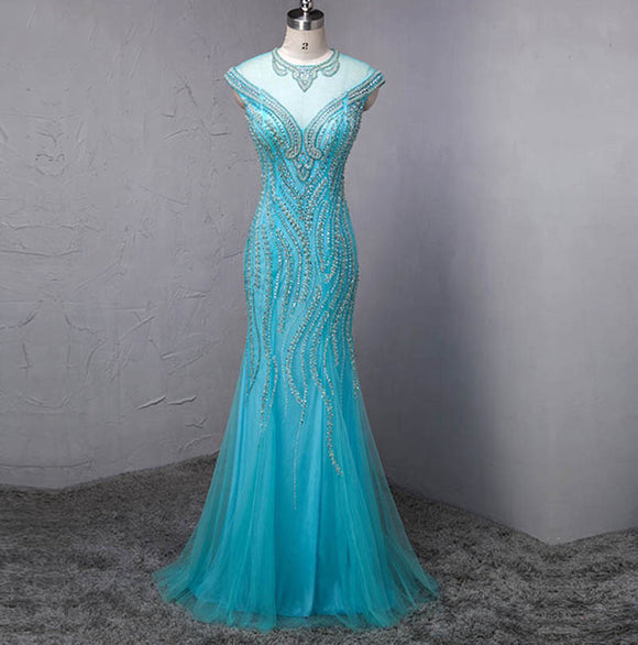 Luxury Heavy Beaded Turquoise Mermaid Prom Dresses Women Evening Long ...