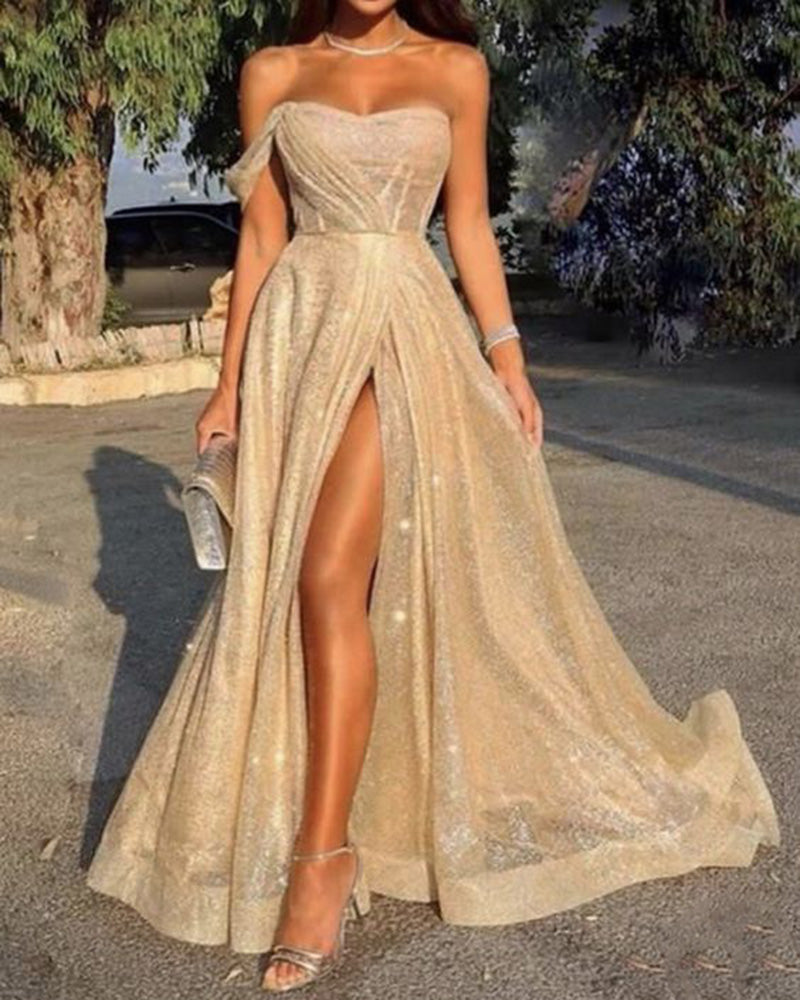 Elegant High Slit Off The Shoulder Sparkly Gold Sequins Prom Evening P Siaoryne 5068