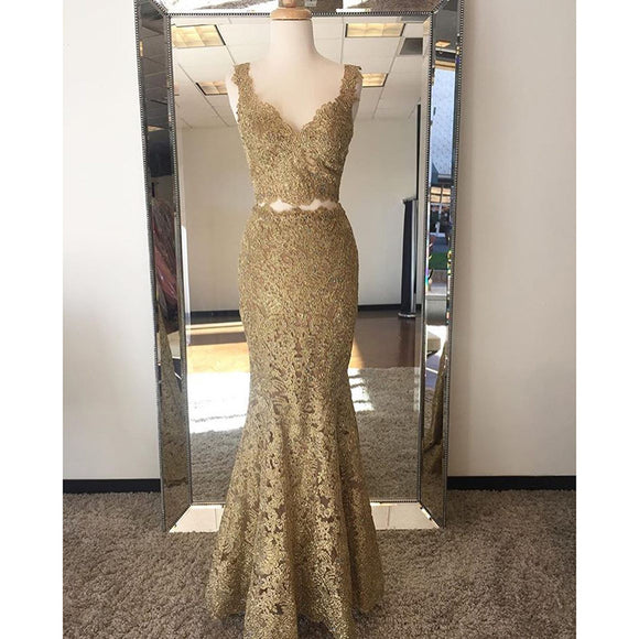 Gold Two/2 Pieces Prom Dress Crop Top Lace Long Prom Dresses Girl Long ...