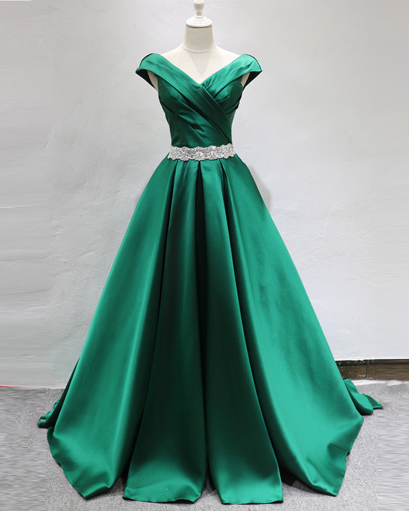 Green A Line Satin Prom Dresses Long Formal Graduation Gown with Belt ...