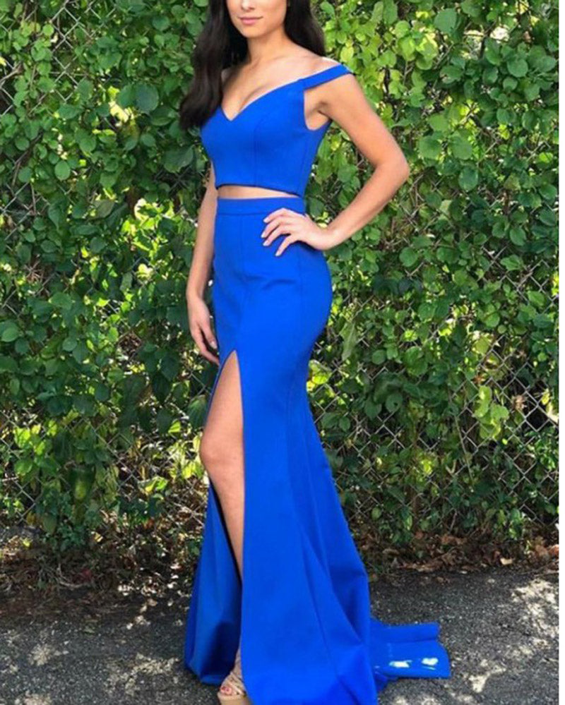 Crop Top Two Pieces Long prom Dress with lace appliques with Long