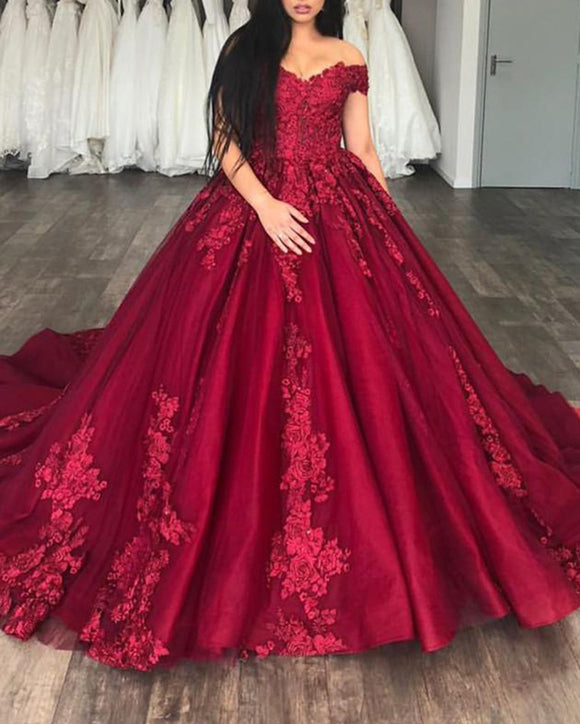Burgundy Ball Gown Prom Dresses Reception Wedding Gown Lace Appliques ...