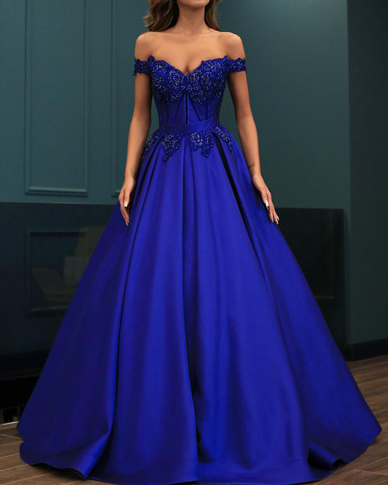 Royal Blue Satin Lace Beaded Women Dress