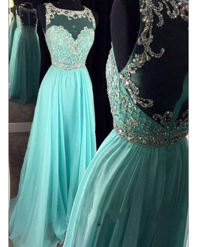 New Scoop Neck A Line Ice Blue Rhinestone Prom Dresses Long PL1103 ...