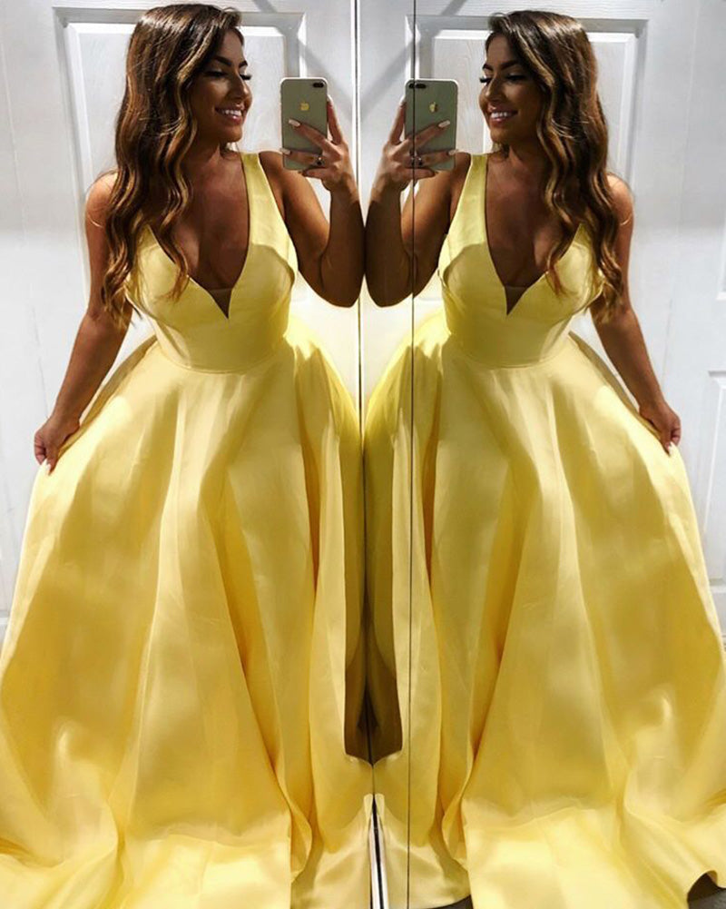 Siaoryne A Line Satin V Neck Girls Teal Yellow Prom Dresses Long 2019