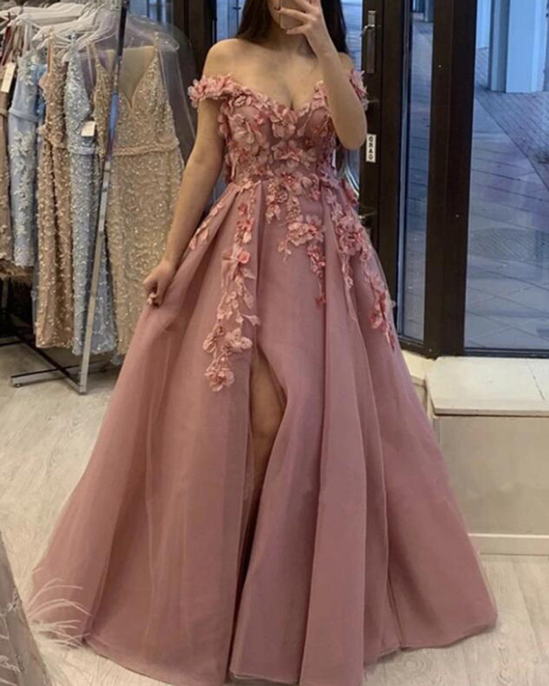 Fancy Custom Made Off the Shoulder Lace Rose Pink Prom Dress Online Sh ...