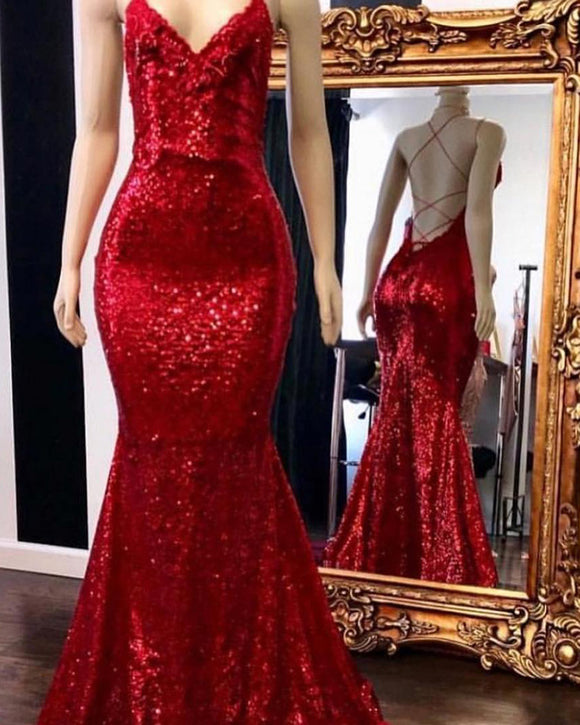 red fitted mermaid prom dress