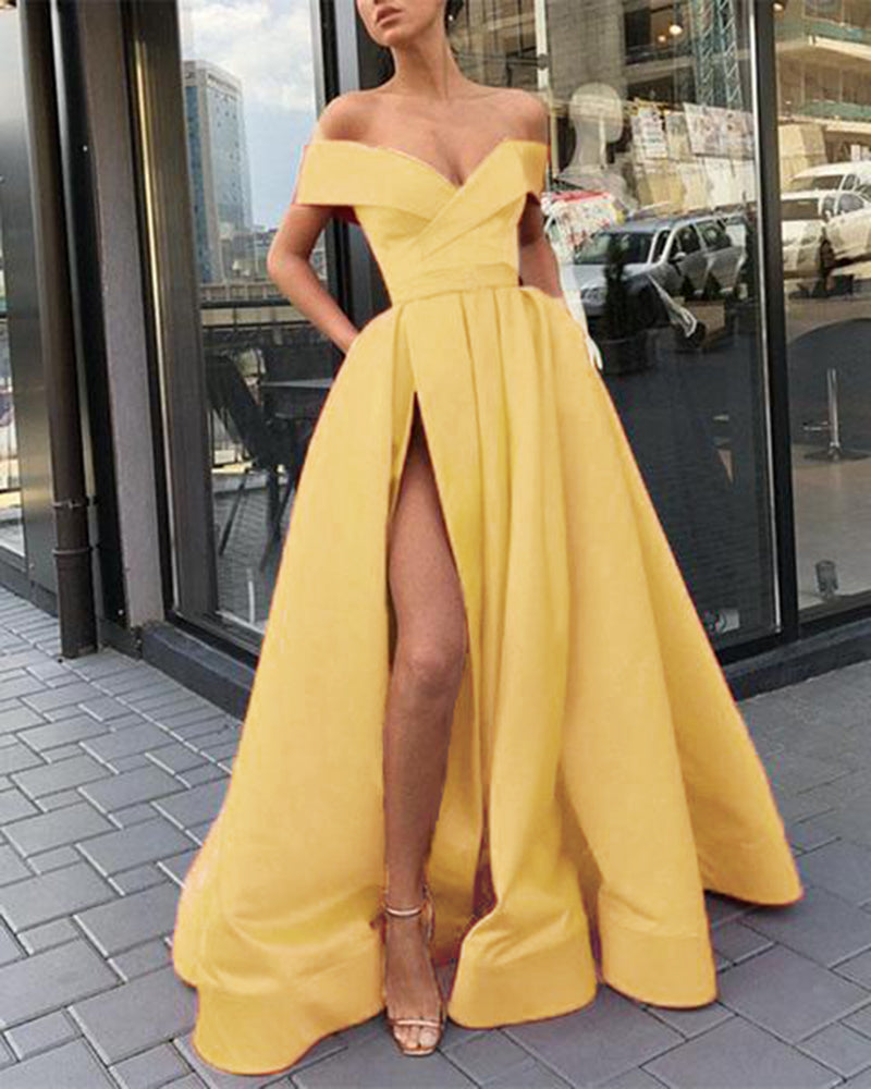Elegant Yellow/Wine Red Off the Shoulder Satin A Line Formal Long Gown ...