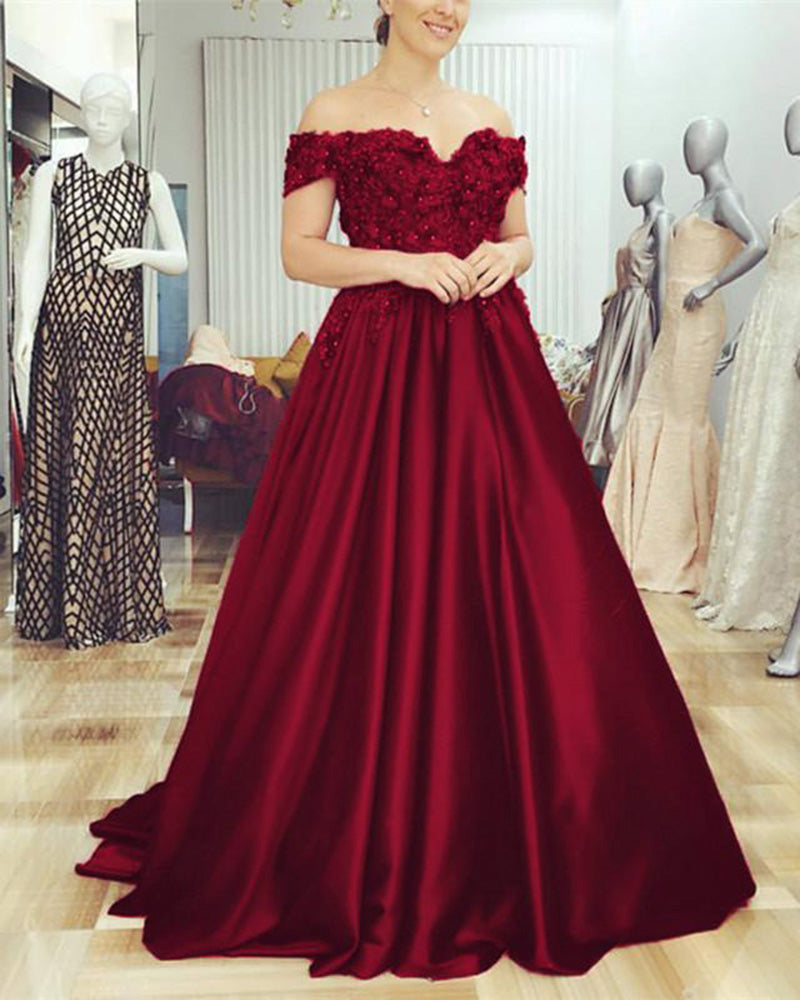 Burgundy Wedding Gown Satin Off the Shoulder Formal Dresses with Lace ...