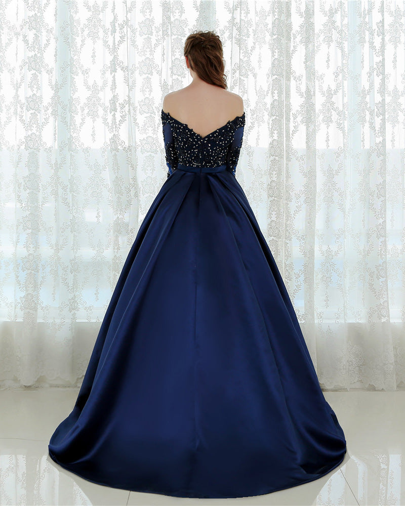 Navy Blue Long Sleeves Ball Gown Prom Dresses With Lace Beading Pl556 Siaoryne 