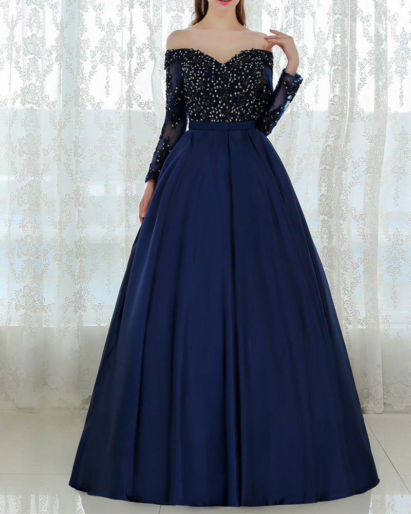 Navy Blue Long Sleeves Ball Gown Prom Dresses With Lace Beading Pl556 Siaoryne 5836