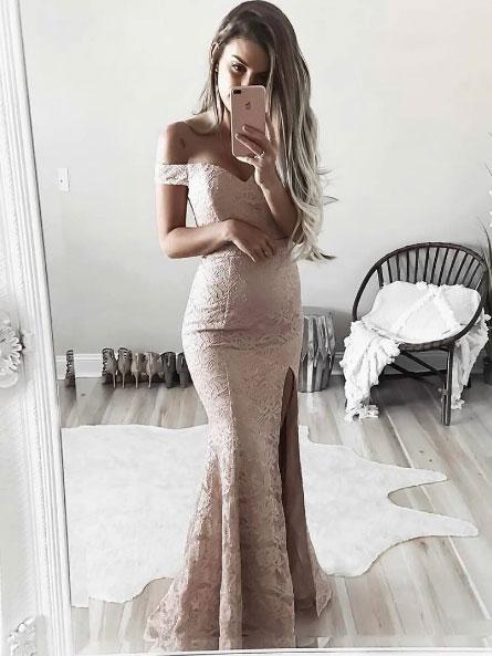 champagne off the shoulder prom dress