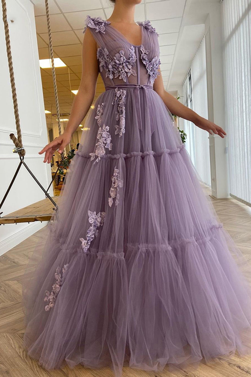 Mauve Purple V Neck Tulle Boho Prom Dresses Long with Lace Gown PL1042 ...