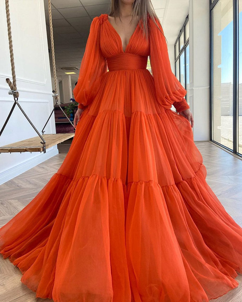 Orange Organza Corset Long Sleeves Princess Ball Gown - Xdressy