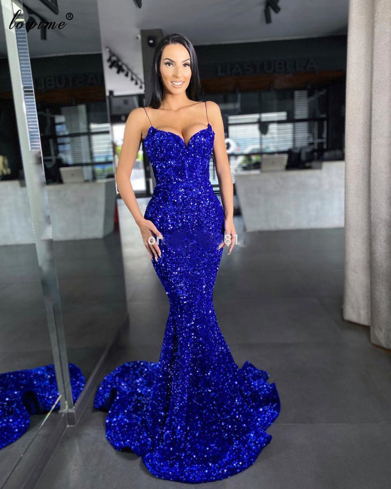 Sweetheart Mermaid Style Royal Blue Sequins Velvet Long Dresses Formal# ...