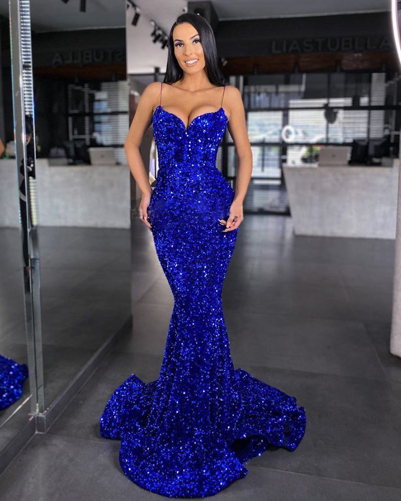 Sweetheart Mermaid Style Royal Blue Sequins Velvet Long Dresses Formal