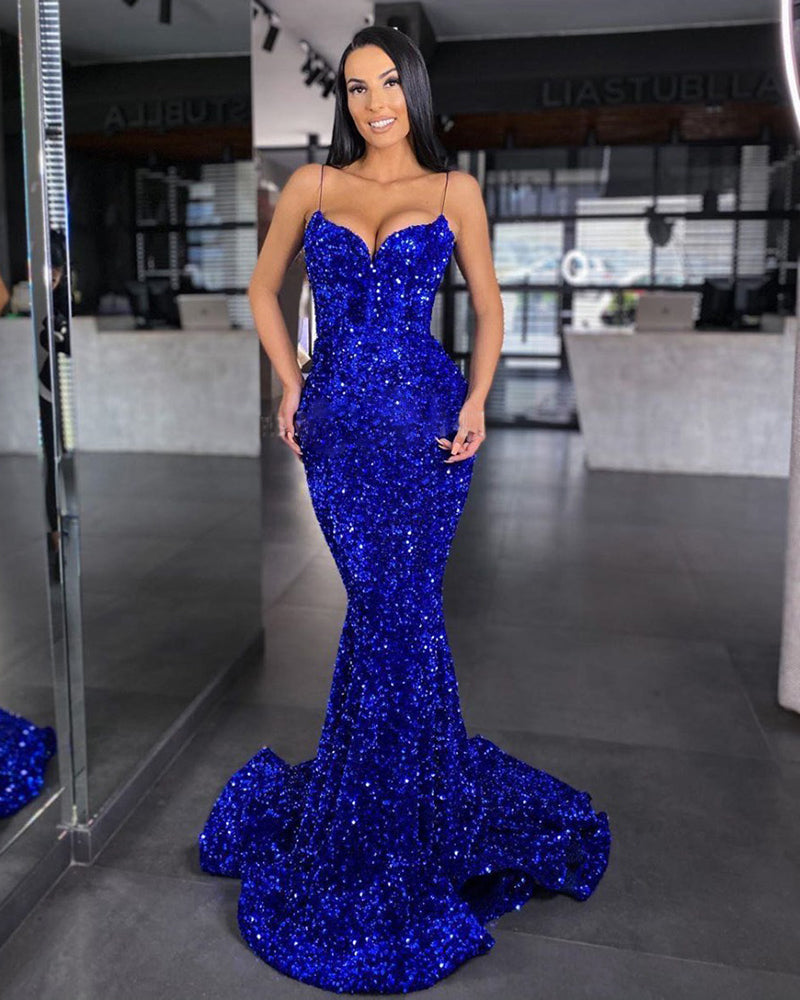 Sweetheart Mermaid Style Royal Blue Sequins Velvet Long Dresses Formal ...