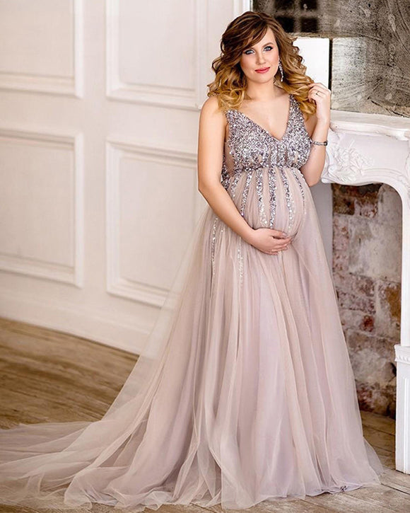 Sexy Gray/Champagne Beading V Neck Pregnant Women Formal Dress Long Ma ...