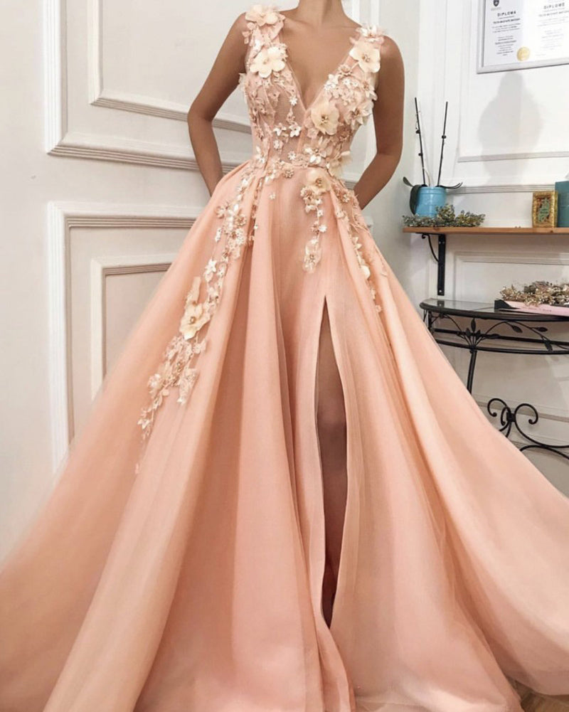 Beautifu V Neck Floral Appliqed Lace Pink Senior Prom Long Dress for Party with Slit PL011251