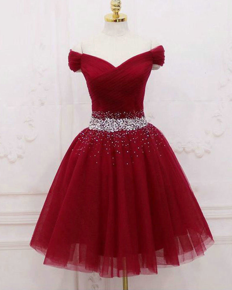 Wine Red Tulle Off Shoulder Short Prom Dress Girls 8th