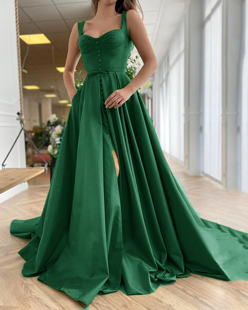 Emerald Green Satin A Line High Slit Prom Dress with Buttons Vestido D ...