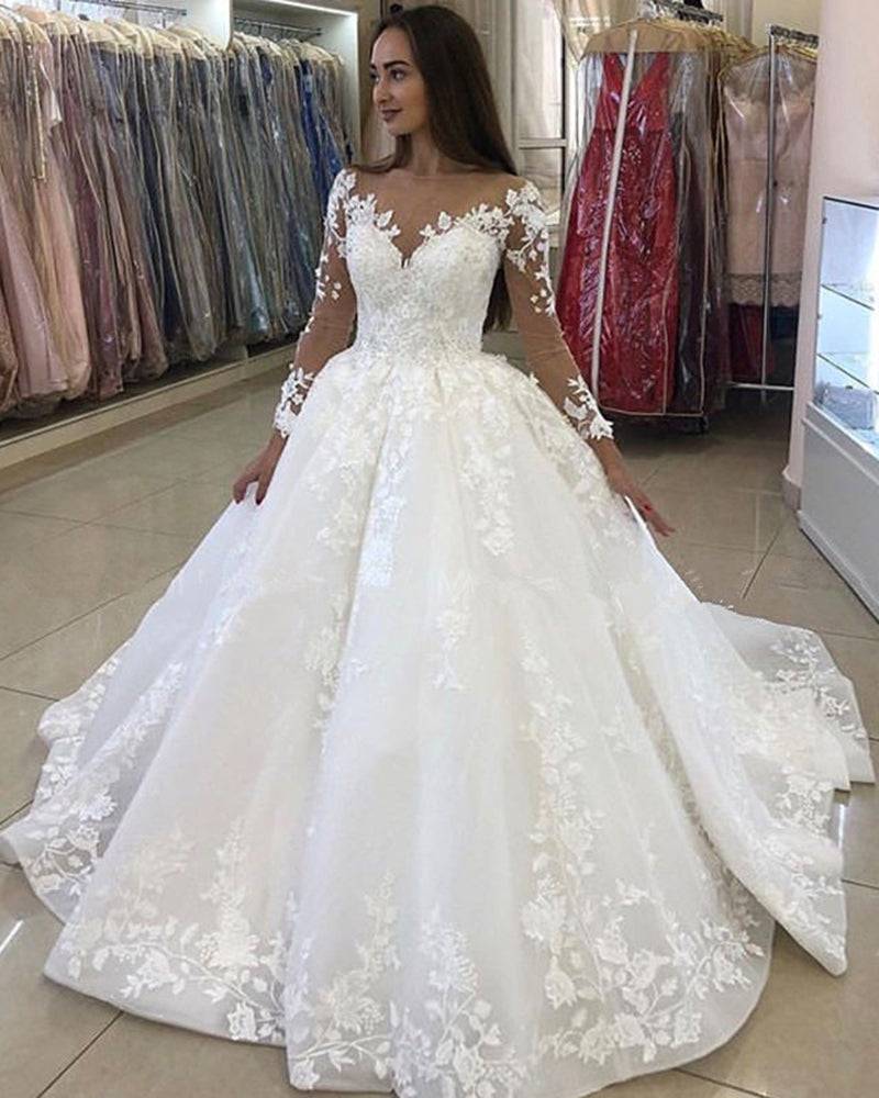 Siaoryne Romantic Vintage Long Sleeve Lace Wedding Dresses Ball Gown