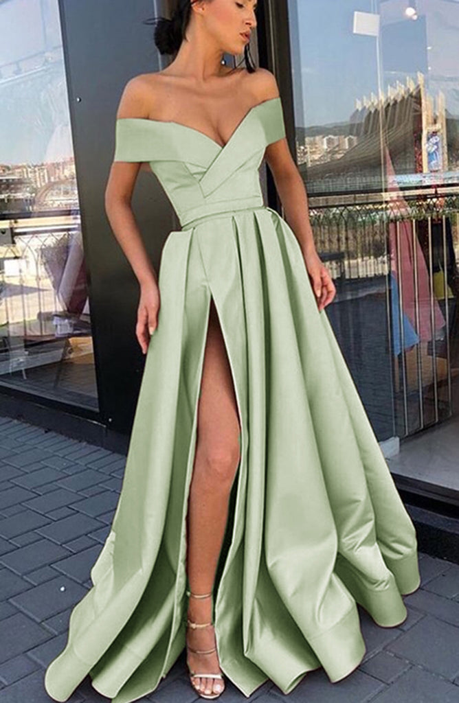 Elegant Off The Shoulder Sage Green Prom Dresses 2022 ,Sexy Side Split