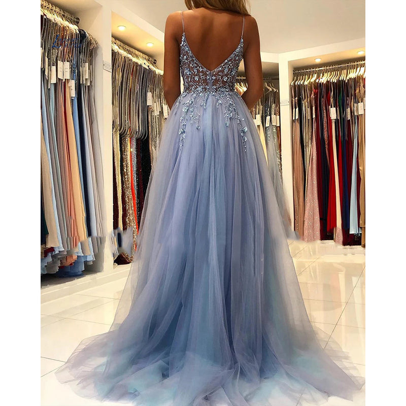 SXNBH Blue Shiny Appliques Beaded Prom Dress Detachable Puff