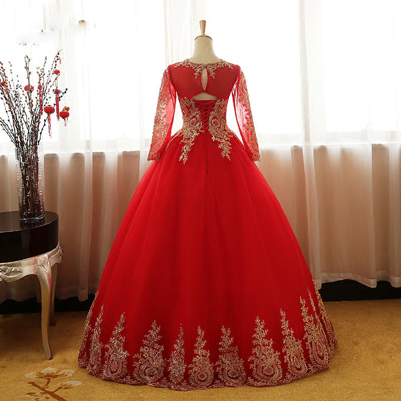 Red and Gold Ball Gown prom dress with Long Sleeves