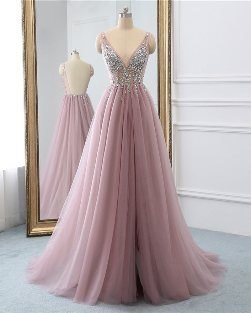 Mauve Pink V Neck Tulle Slit Formal Evening Prom Dresses  with Beading PL10619
